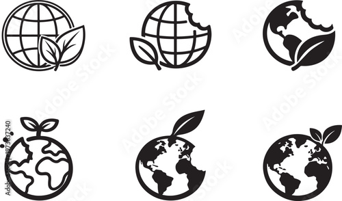 Eco bitten earth globe with growing plant sprout sustainability icons isolated