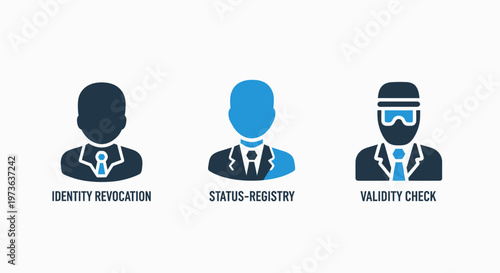 Identity management icons depicting revocation, status registry, and validity check