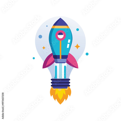 Creative rocket ship shaped like a lightbulb with launch flames and stars represents innovation and new ideas