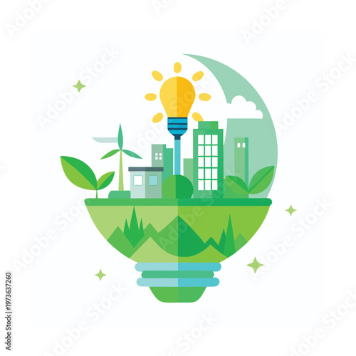 Lightbulb city with wind turbine and green landscape represents sustainable urban development
