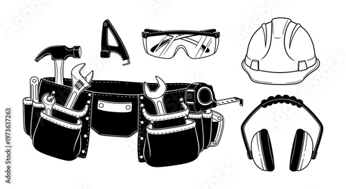 construction tools safety gear and a full tool belt with hard hat doodle construction vector illustration for building work and repair.
