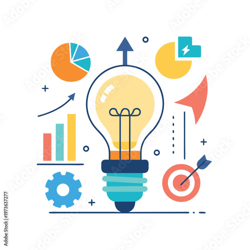Lightbulb diagram with charts and graphs represents business growth strategy data analysis