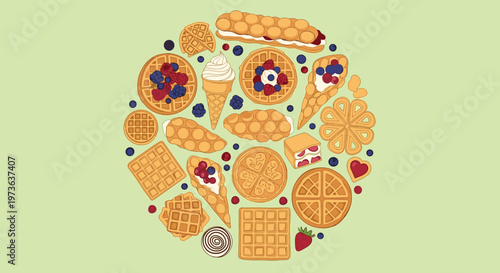Colorful arrangement of various Belgian waffles, ice cream cones, and fresh berries forming a circular dessert pattern.