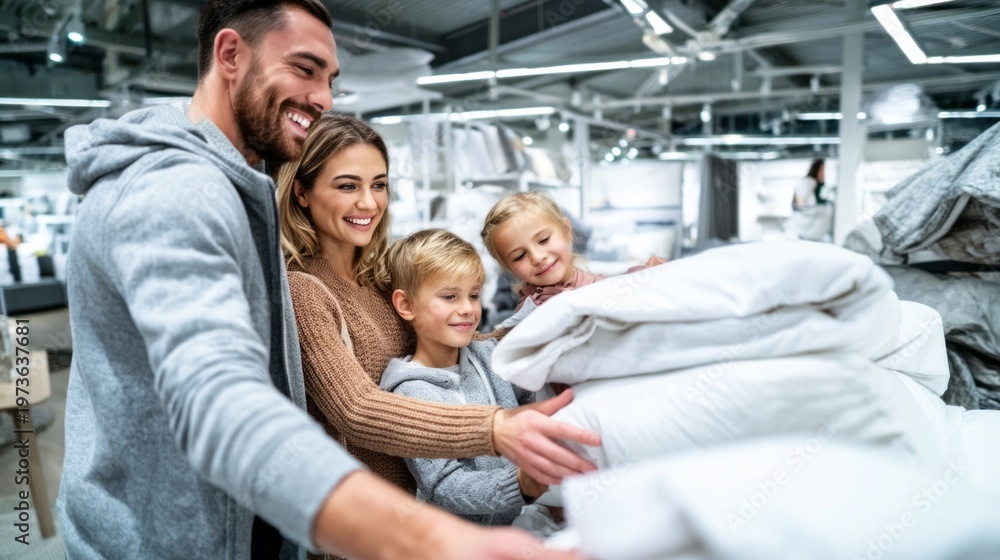 Obraz premium Smiling family with two children shopping for textiles in a shop, selecting new bedding or duvets for their home