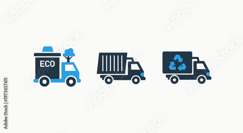 Ecological transportation and waste management truck icons for environmental sustainability concepts