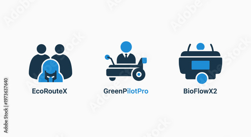 Sustainable business professional icons for eco route x green pilot pro and bio flow x2 system concepts