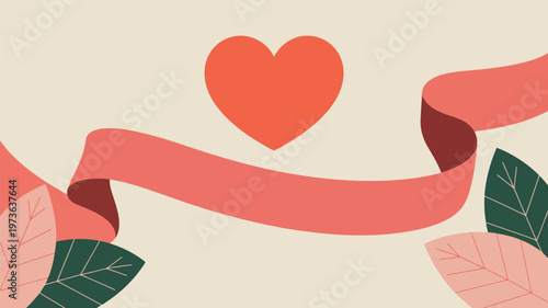 Romantic flat lay illustration with red heart, ribbon, and leaves for Valentine's Day greeting cards