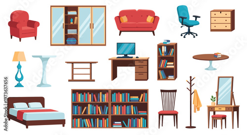 Comprehensive collection of home and office furniture items including sofas, chairs, tables, beds, and tall bookshelves.