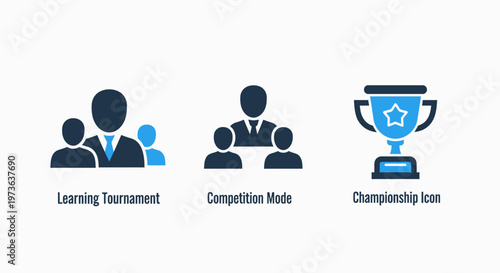 Corporate and educational achievement icons representing learning tournament groups, competition mode leadership, and championship success with a trophy award