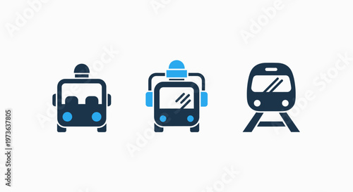 Public transportation icons set showing front view of urban bus electric trolleybus and commuter train on tracks for transit logistics design