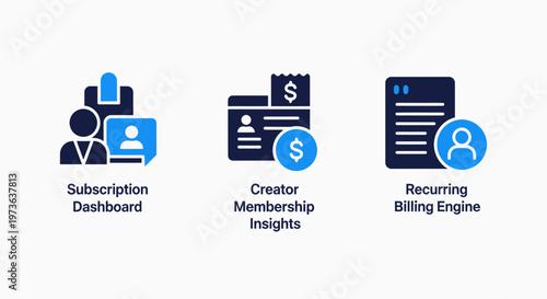 Subscription management and membership billing icons illustrating dashboard analytics creator insights and recurring billing engine functions