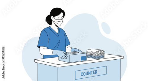 Healthcare worker in blue scrubs and mask handling medical supplies at a counter.