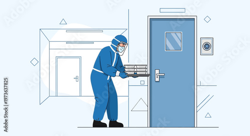 Healthcare worker in hazmat suit delivering supplies through a hospital door