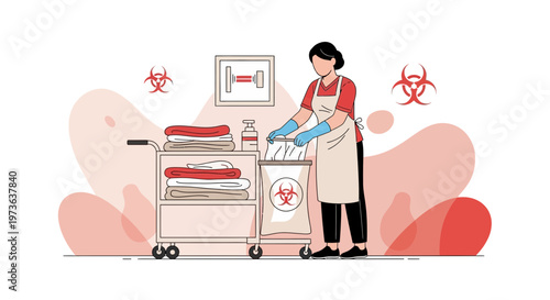 Healthcare worker handling biohazard waste with cleaning cart and medical supplies