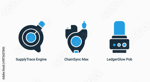 Technical data infrastructure icons representing supply trace engine chain sync and ledger glow systems for advanced logistics tracking