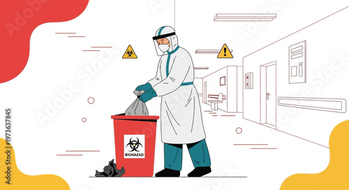 Healthcare worker in hazmat suit disposing of biohazard waste in hospital corridor