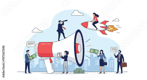 Marketing and business promotion concept showing people using a giant megaphone to attract customers and earn money.