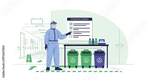 Healthcare worker in hazmat suit follows PPE removal procedure with waste bins