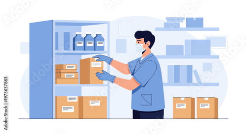 Healthcare worker in mask and gloves organizing medical supplies in a warehouse