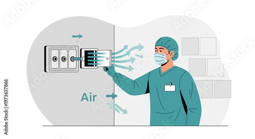 Healthcare worker in mask checks air filter in hospital room, ventilation system