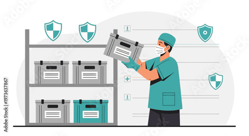 Healthcare worker in mask and gloves organizing medical supplies in storage with safety shields