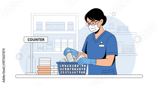 Healthcare worker in mask and gloves sorting documents at counter, medical supplies in background