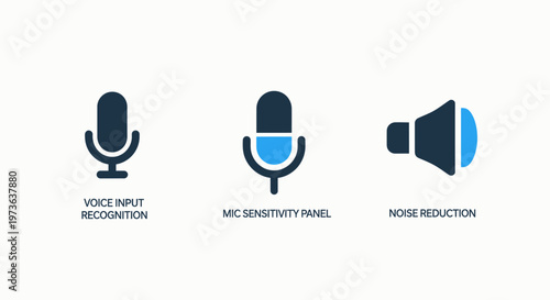 Set of voice and audio technology icons including speech recognition, microphone sensitivity, and noise reduction, speech to text