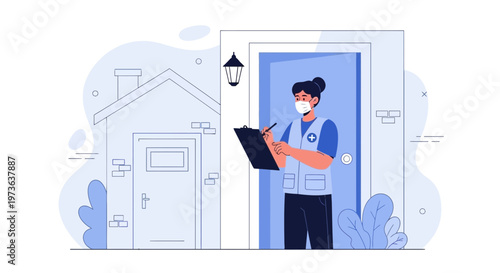 Healthcare worker in mask doing home visit, checking patient health record on clipboard