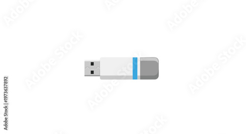 Minimalist white USB flash drive featuring a bold blue horizontal stripe and a sleek grey metallic cap rests isolated against a pristine white background.