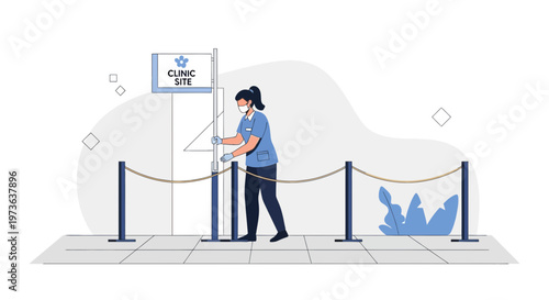 Healthcare worker in mask setting up clinic site queue barriers for COVID-19 testing or vaccination