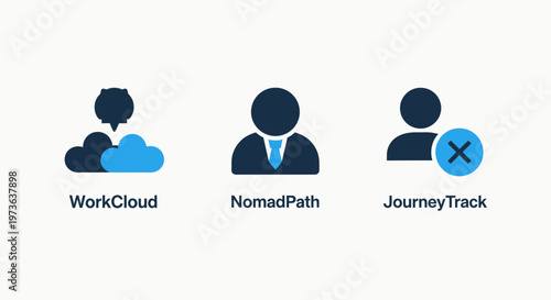 Cloud computing and remote workforce management icons including cloud workspace, digital nomad, and journey tracking
