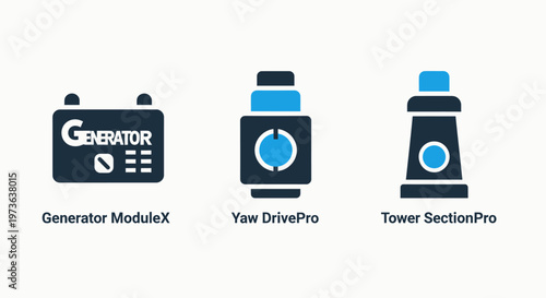 Industrial energy equipment icons including generator module yaw drive system and tower section for renewable wind power infrastructure in blue and black colors