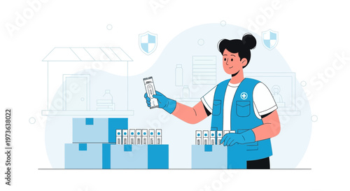 Healthcare worker packing medical supplies, COVID-19 testing kits, distribution, logistics, safety