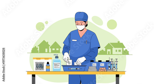 Healthcare worker preparing medical supplies for vaccination or treatment at home