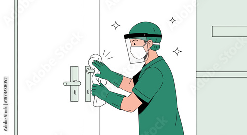 Healthcare worker sanitizing door handle with disinfectant wipe, preventing virus spread