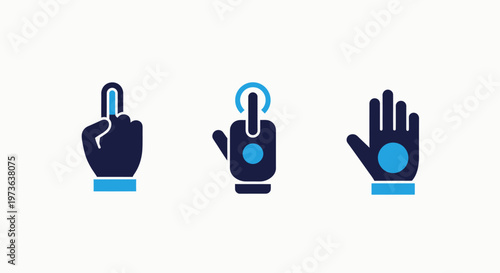 Three hand gesture icons representing finger pointing touch interaction and biometric palm scanning in dark blue and bright blue flat style design