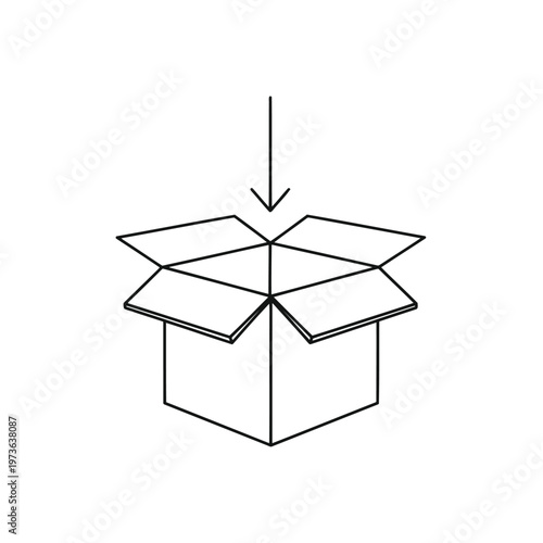 Open cardboard box with an arrow pointing inside, line art icon