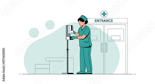 Healthcare worker using hand sanitizer dispenser at hospital entrance