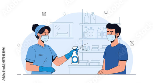 Healthcare worker sanitizing customer in store during pandemic, safety measures