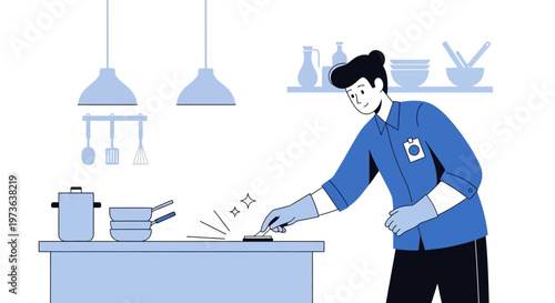 Man Cleaning Kitchen Countertop with Gloves, Kitchenware and Utensils in Background