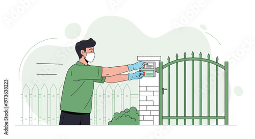 Man in mask and gloves delivers mail at gate, social distancing concept