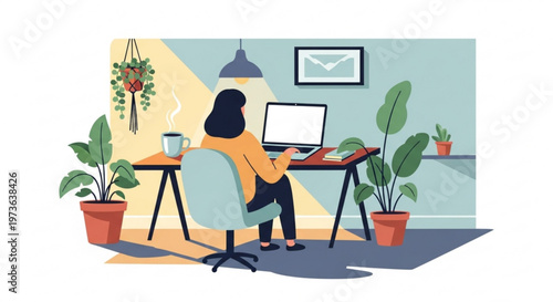 Woman working remotely from home office with plants laptop and coffee productive workspace with natural light