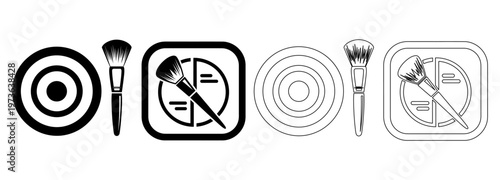 A collection of black and white line art icons depicting makeup brushes and cosmetic palettes.