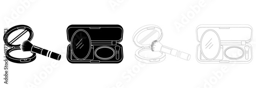 Black and white vector illustration of compact powder cases with brushes for beauty applications