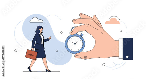 Successful businesswoman walking confidently with a briefcase while a giant hand holds a stopwatch to represent time management and deadlines.