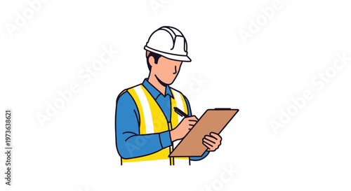 Construction worker wearing a white hard hat and yellow safety vest writes on a brown clipboard, isolated against a bright and clean white background.
