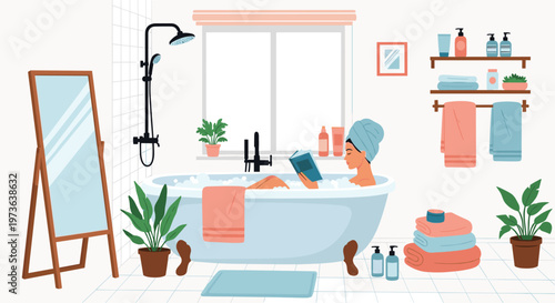 Beautiful woman relaxing in a bubble bath and reading a book in a stylish and cozy bathroom filled with green plants and self care products.