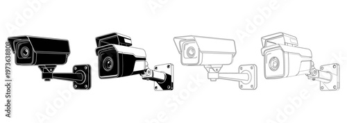 A collection of four different artistic representations of security surveillance camera devices