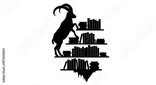 Silhouette of a goat climbing a bookshelf filled with books.