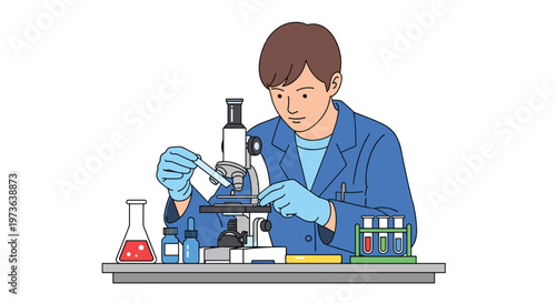 A diligent male researcher carefully examines a biological sample under a professional microscope in a bright laboratory setting with vibrant primary colors.